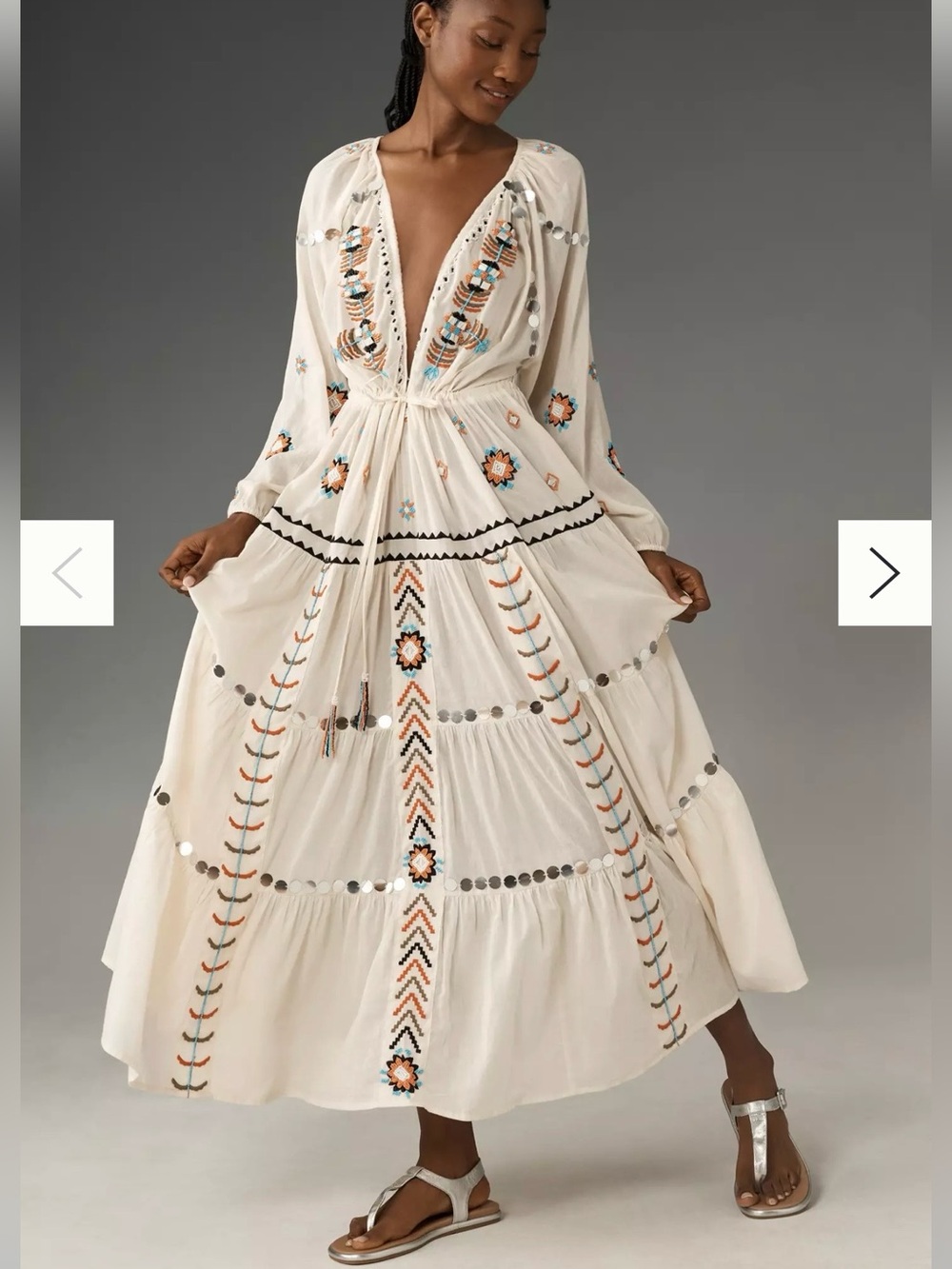 By Anthropologie Boho Embellished Kaftan Cream Maxi Dress with Mirror Accents